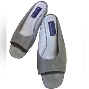 Phyllis Poland size 10 leather and fabric mules  with a shimmery silver tone